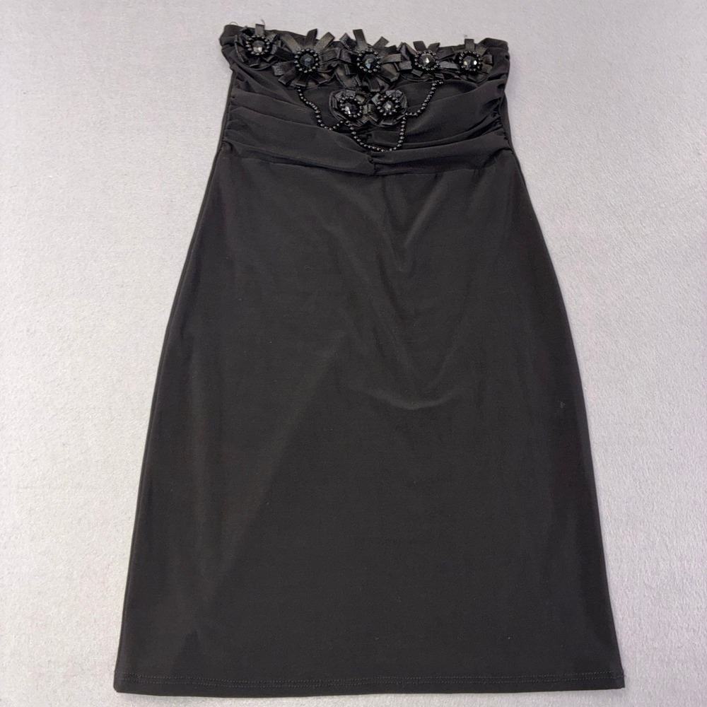 Body Central Strapless Dress Womens Small Black Good 3D Floral Beaded Ruched Y2K
